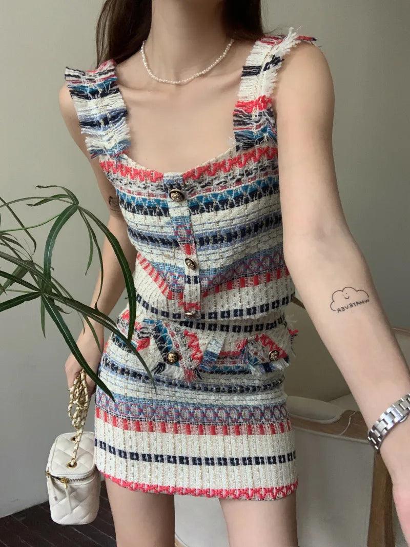 Tweed Stripe Crop Top + A-line Skirt Set - ANNAJEVOLI