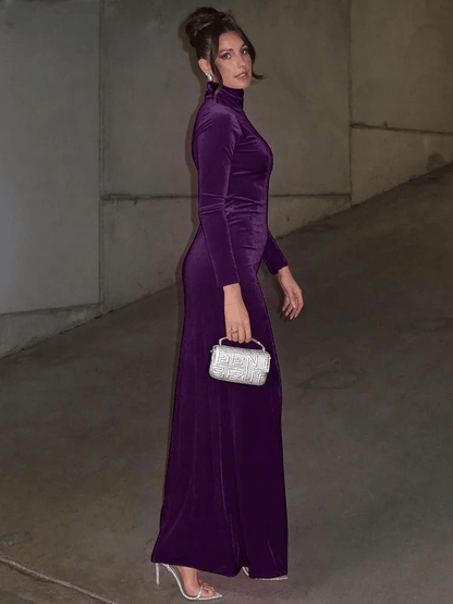 Elegant Long Sleeve Velvet Turtleneck Maxi Dress - ANNAJEVOLI