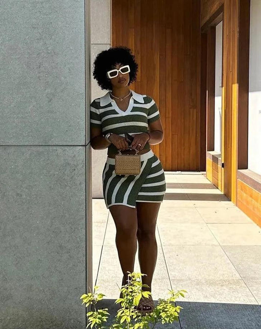 Green Knit Striped Polo Crop + Irregular Mini Skirt Set - ANNAJEVOLI