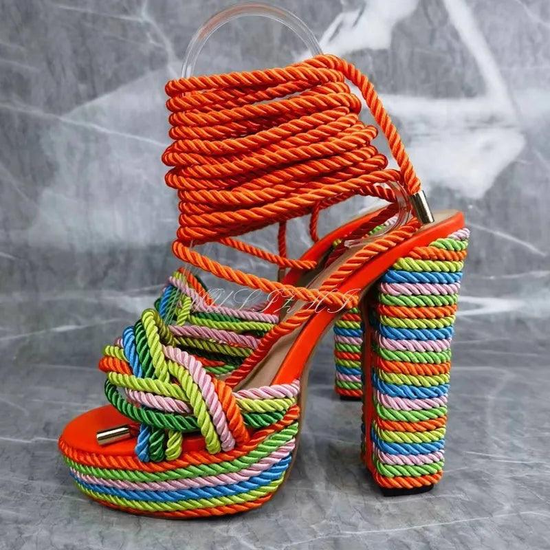 Colourful Ankle Strap Platform Block Heel - ANNAJEVOLI