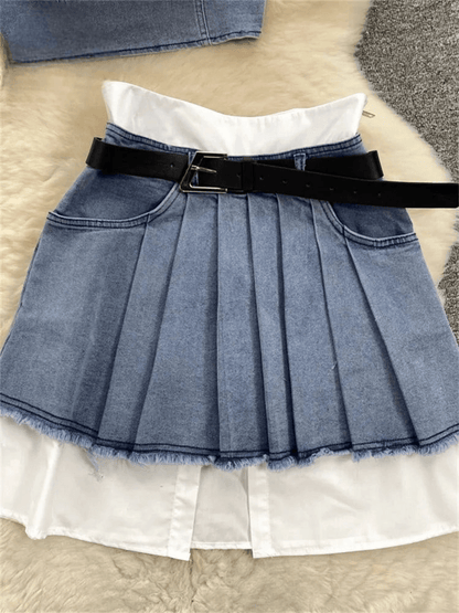 Vintage Denim Strapless Top + Pleated Mini Skirt Set - ANNAJEVOLI