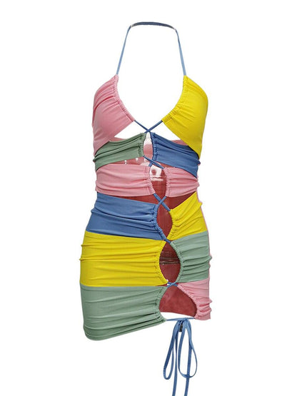 Cut Out Halter Colour Contrast Mini Dress - ANNAJEVOLI