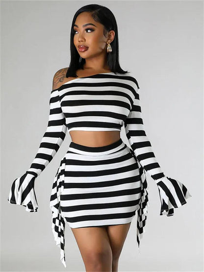 Striped Flare Sleeve Skew Collar Crop + Mini Skirt Set - ANNAJEVOLI