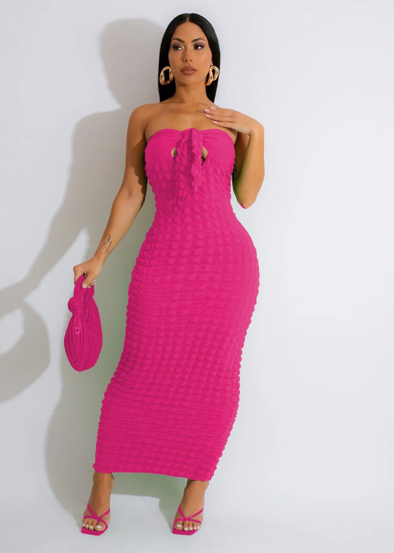 Bubble Texture Bowknot Strapless Maxi Dress - ANNAJEVOLI