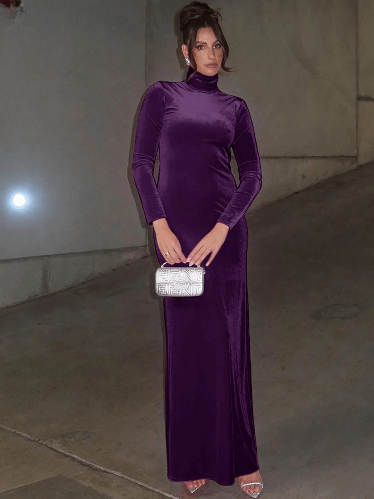 Elegant Long Sleeve Velvet Turtleneck Maxi Dress - ANNAJEVOLI