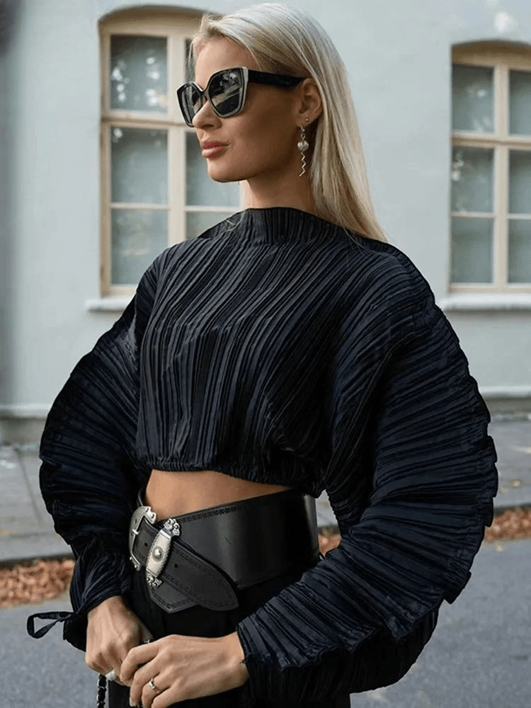 Long Puff Sleeves O Neck Ribbed Oversized Crop Top - ANNAJEVOLI