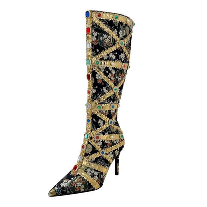 Crystal Knee-High Pointed Toe Stiletto Boots - ANNAJEVOLI