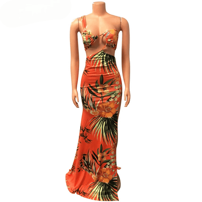 Tropical Leaf Print One Shoulder High Split Maxi Dress - ANNAJEVOLI