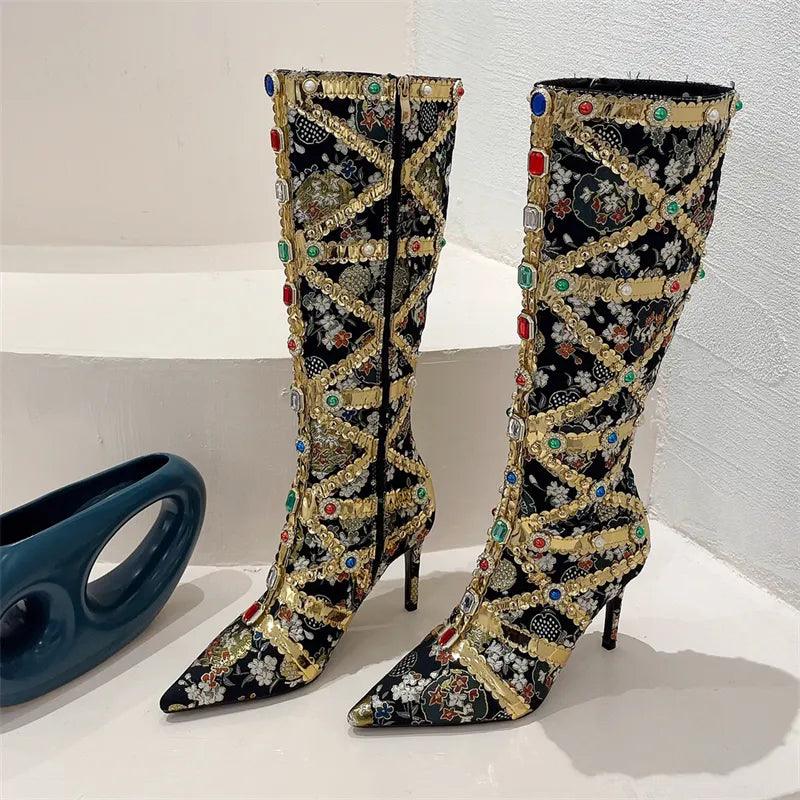 Crystal Knee-High Pointed Toe Stiletto Boots - ANNAJEVOLI