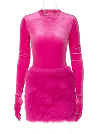 Velvet Bodysuit with Gloves + Fur Mini Skirt Set - ANNAJEVOLI