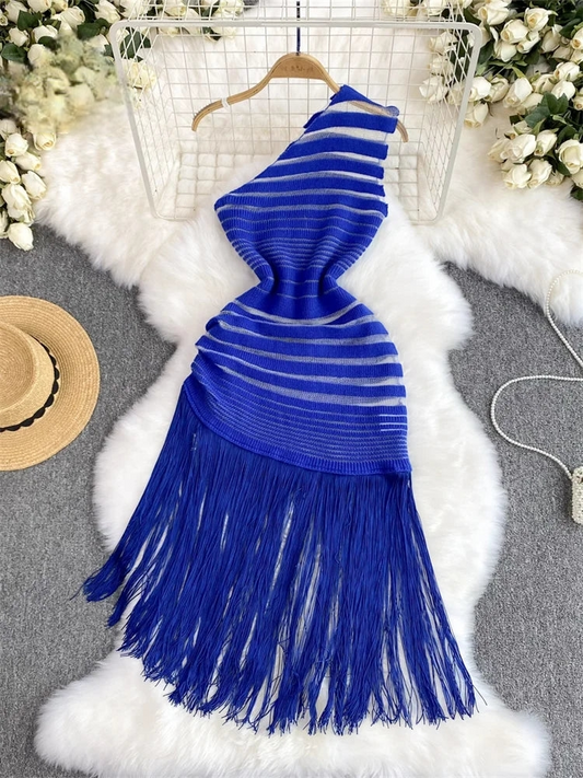 Blue Striped Knit Tassels Sleevelss Sundress