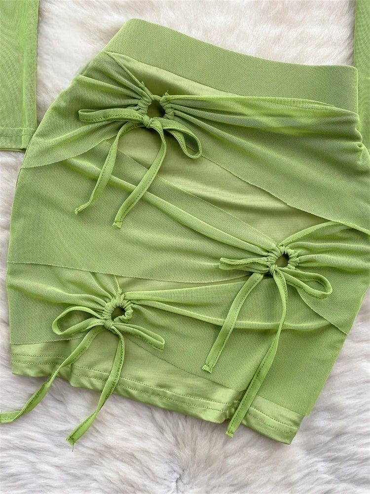 Mesh Long Sleeve Top + Bow Design Mini Skirt Set