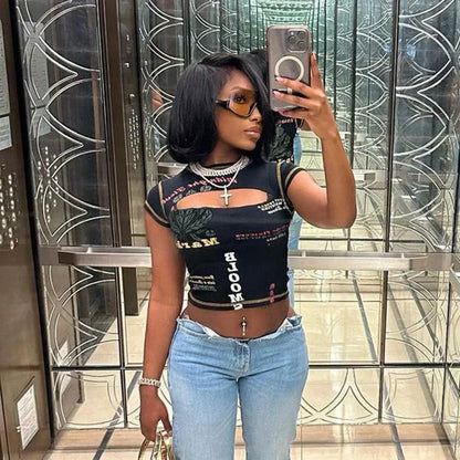 Graphic Cut Out Short Sleeve Crop Top