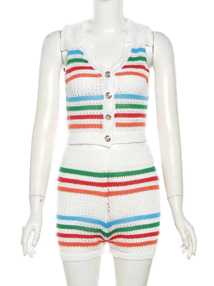 Colourful Striped Knit Button Tank + Shorts Set - ANNAJEVOLI