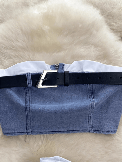 Vintage Denim Strapless Top + Pleated Mini Skirt Set - ANNAJEVOLI