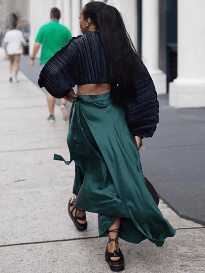 Long Puff Sleeves O Neck Ribbed Oversized Crop Top - ANNAJEVOLI
