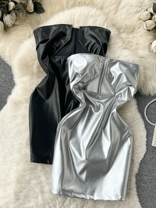 PU Leather Strapless Bodycon Mini Dress - ANNAJEVOLI