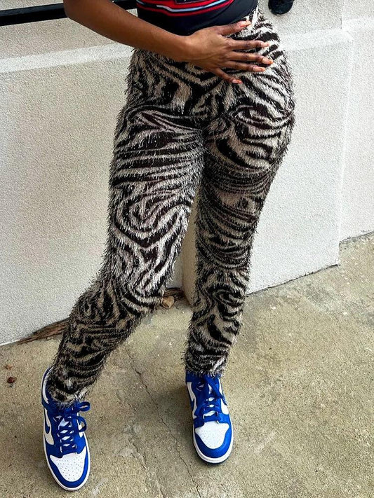 Fluffy Zebra Print Elastic Slim Fit Pants - ANNAJEVOLI
