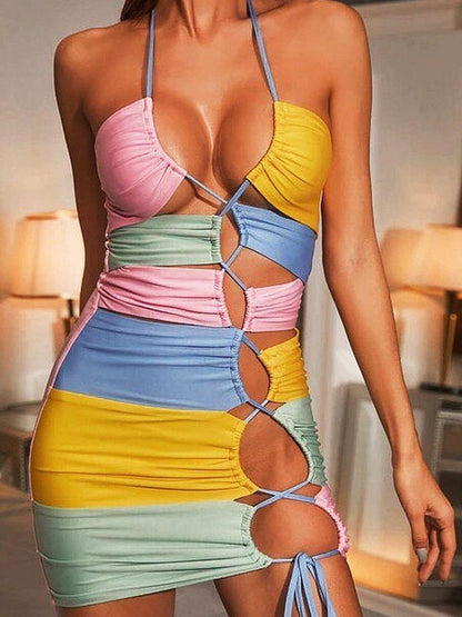 Cut Out Halter Colour Contrast Mini Dress - ANNAJEVOLI