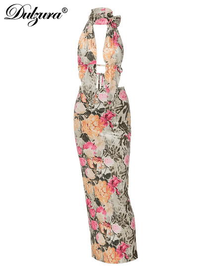 Flower Halter Backless Lace-Up Top + Maxi Skirt Set - ANNAJEVOLI